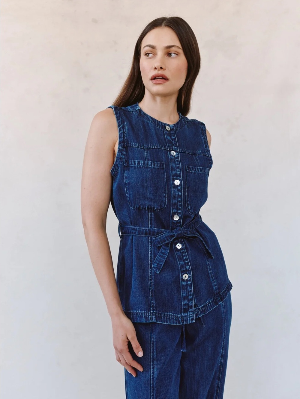Denim Belted Vest- Horizont Blue